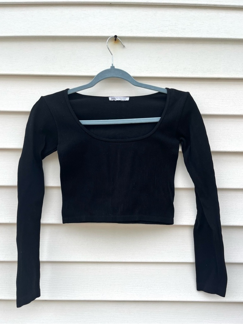 Zara Cropped Stretch Tee Scoop Neck Ribbed Black Size Large RUNS SMALL